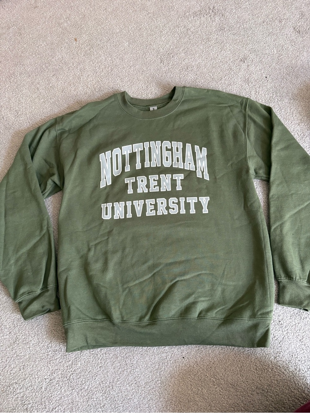 Gildan Olive Green Crewneck Sweatshirt with White Collegiate Text